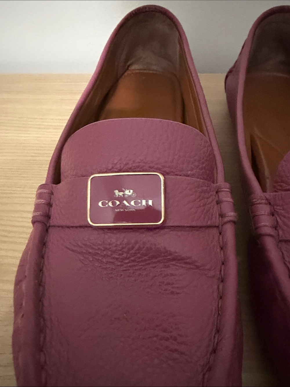 COACH Magenta Leather Penny Loafers with Gold Plaque - Picture 3 of 7
